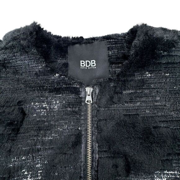 BDB David Bitton Womens Medium Black Faux Fur Sequin Jacket Full Zip Collarless - Picture 3 of 14